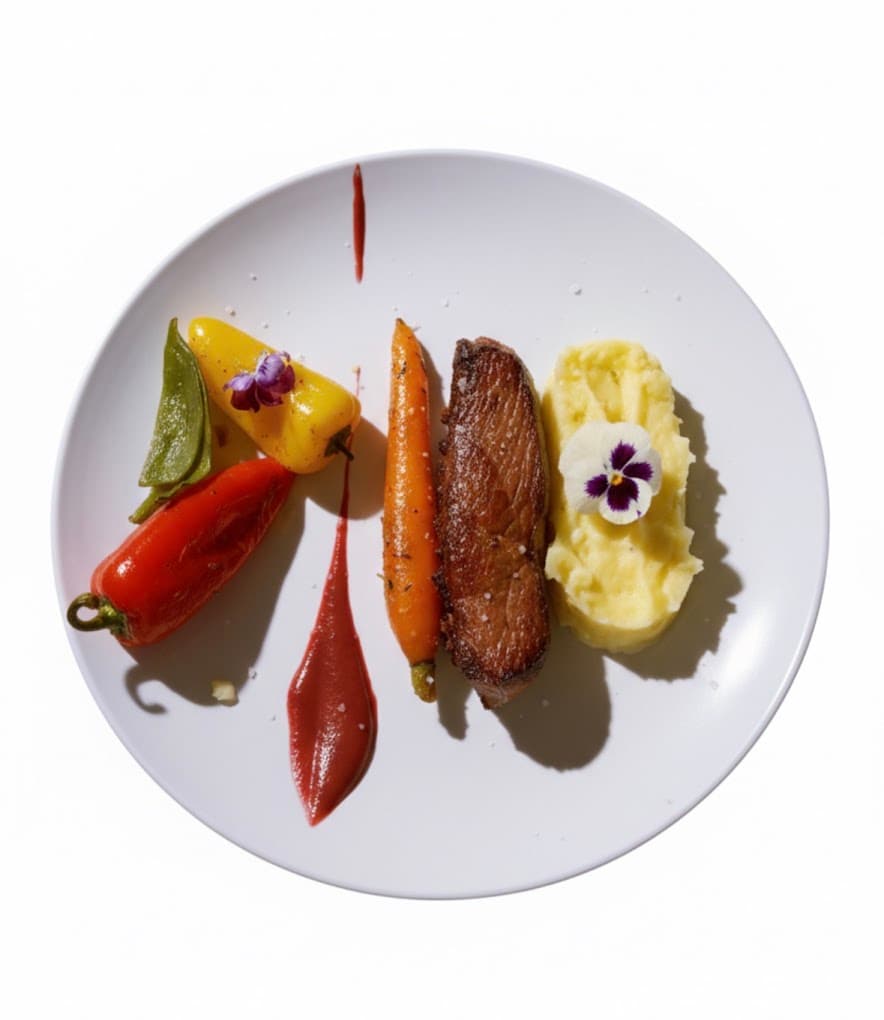 Assiette vue du dessus avec une viande rôtie, une carotte, des petits poivrons, une purée et des pensées comestibles