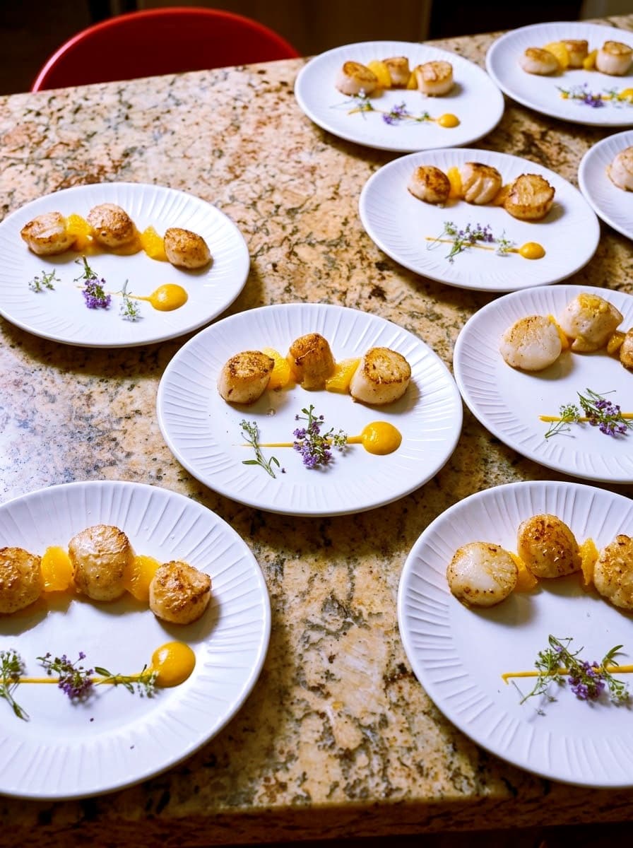 Petites assiettes blanches dressées avec des pièces saisies, une sauce jaune et des herbes fleuries